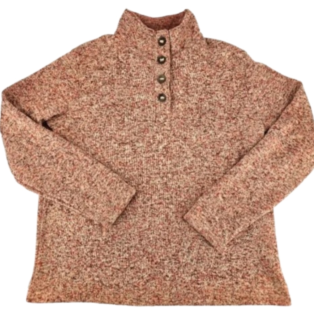 Cozy Cottagecore Mock Neck Sweater L Soft Marled Knit Button Pullover Fall Boho